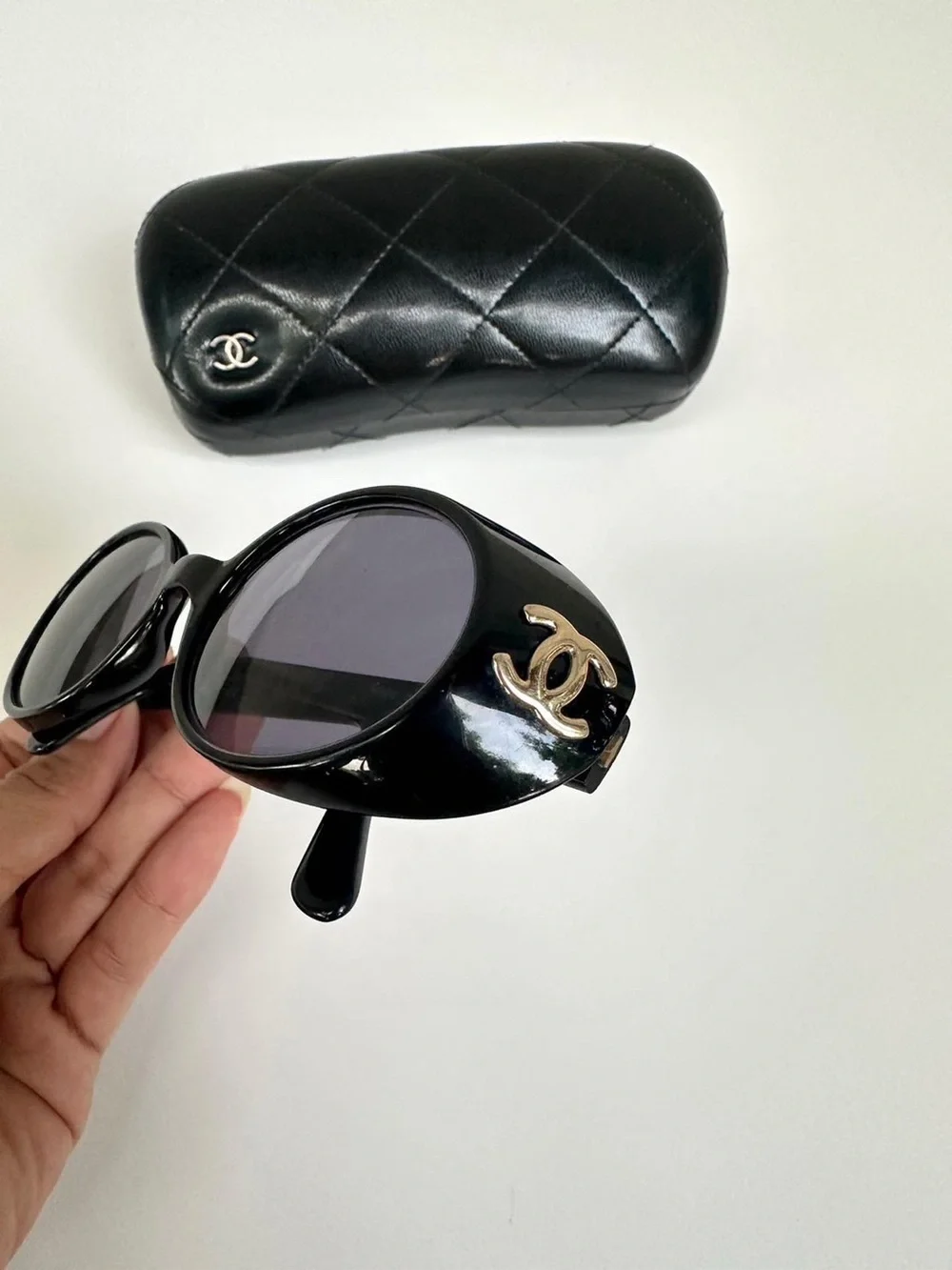 CHANEL Vintage 1990’s Oval Black Sunglasses with Gold CC Emblem